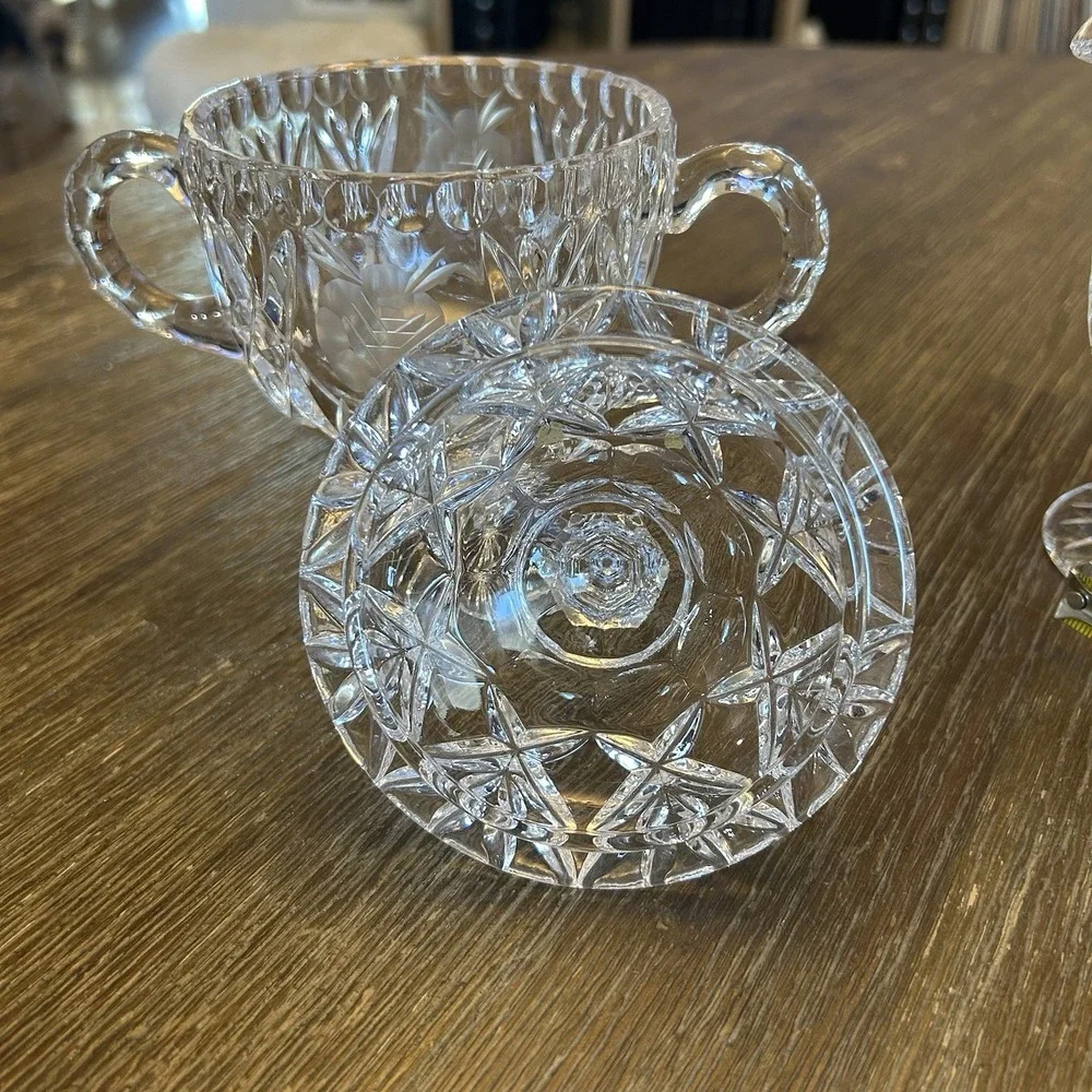 Vintage Cut Crystal Creamer & Covered Sugar Bowl Set Etched Rose Footed Floral